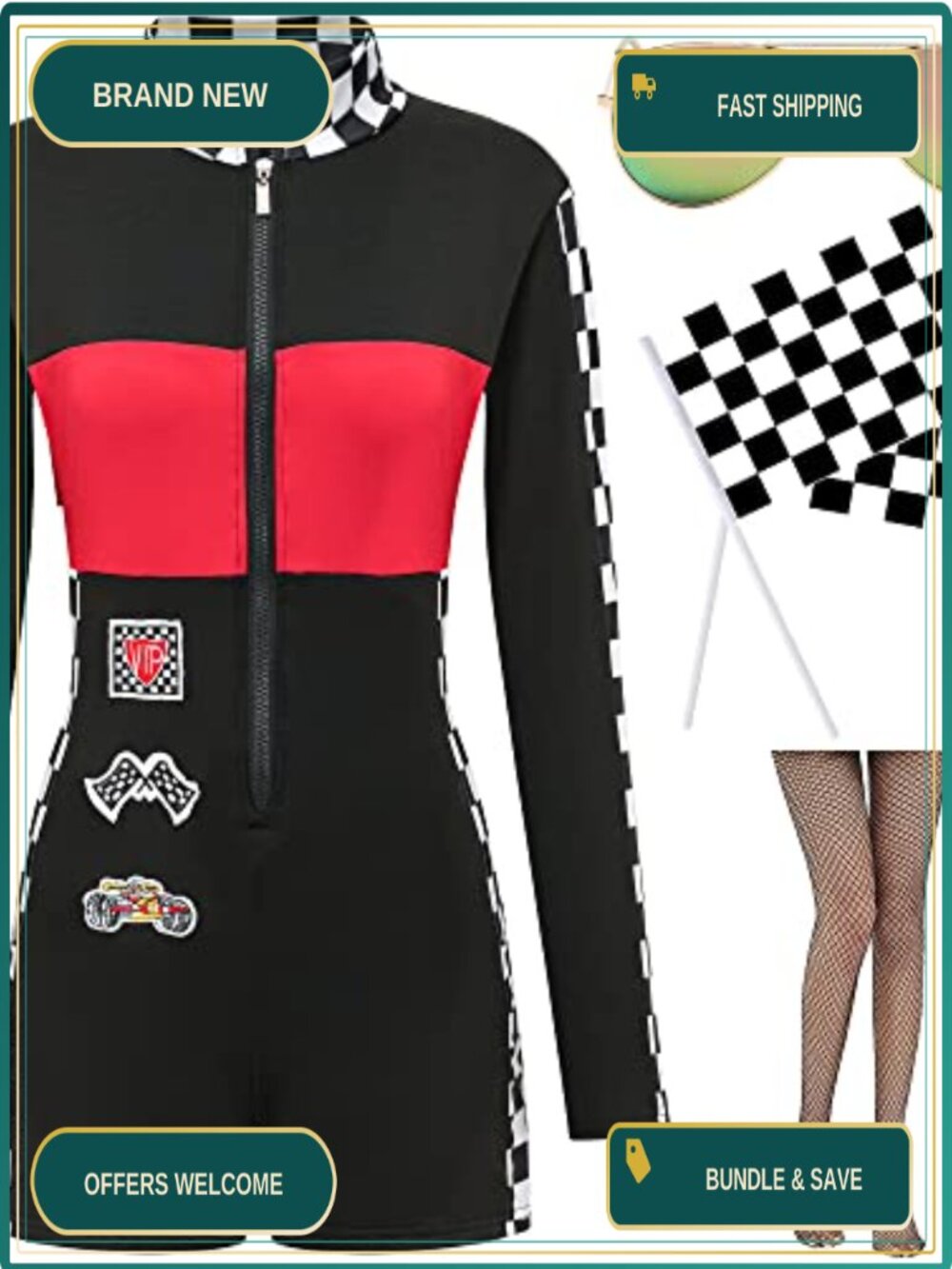 Race Car Driver Costume Set Jumper Sunglasses Flags Fishnets Halloween